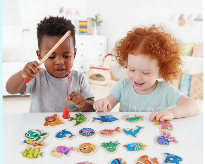 Pescaria Magnética de Madeira: crianças aprendendo com brinquedos lúdicos